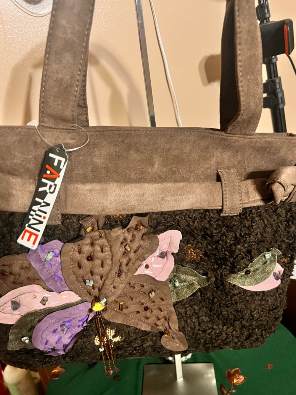 FAR NINE Brown Suede & Embellished Floral Shoulder Bag